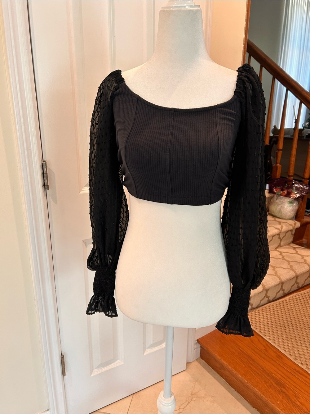 Urban Outfitters Black Ribbed Crop Top Sheer Swiss Dot Puff Sleeve - Picture 2 of 5